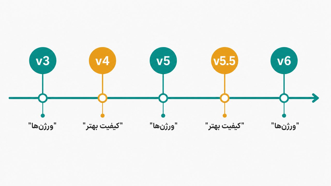 جدول زمانی نسخه‌های Suno از v3 تا v6 با نشانه‌های ساده