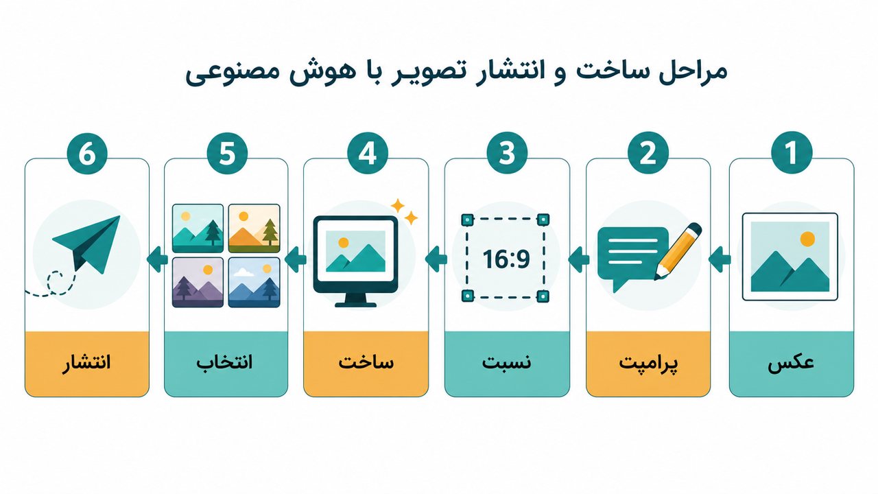 اینفوگرافیکِ شش گامِ ساختِ عکس ترند: انتخاب عکس، پرامپت، نسبت تصویر و خروجی