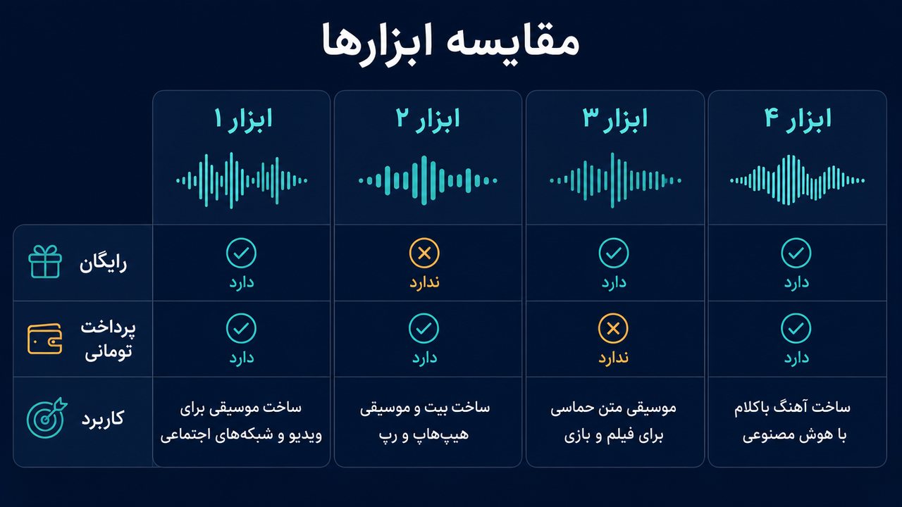 جدول مقایسه‌ی ابزارهای ساخت آهنگ با هوش مصنوعی برای ساخت موزیک و آهنگسازی
