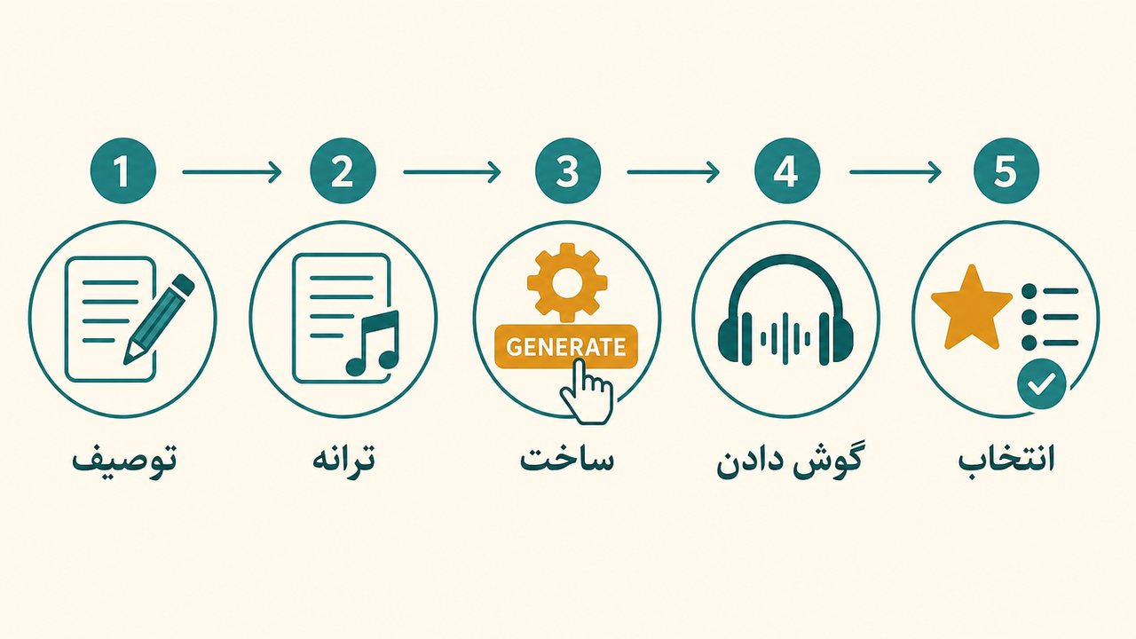 مراحل ساخت آهنگ با هوش مصنوعی از نوشتن توصیف تا انتخاب بهترین نسخه