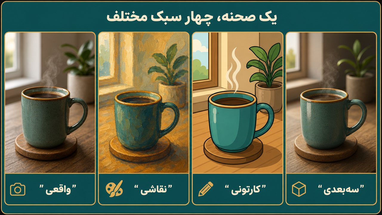 مقایسه یک پرامپت در چهار سبک واقعی، نقاشی، کارتونی و سه‌بعدی