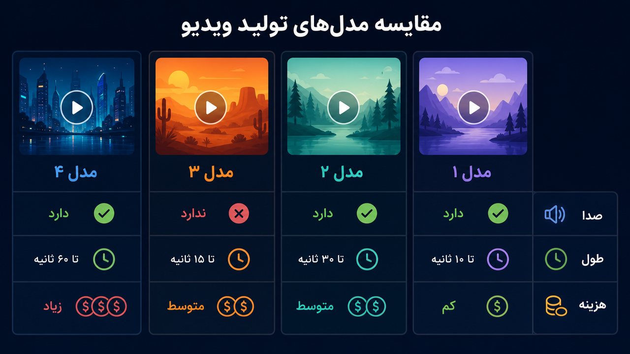 جدول مقایسه مدلهای ویدیوساز هوش مصنوعی بر اساس صدا، طول و هزینه