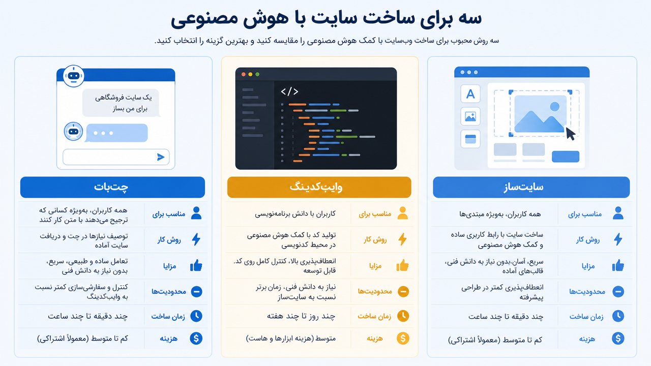 سه راه ساخت سایت با هوش مصنوعی شامل سایت‌ساز، وایب‌کدینگ و چت‌بات در یک نمودار