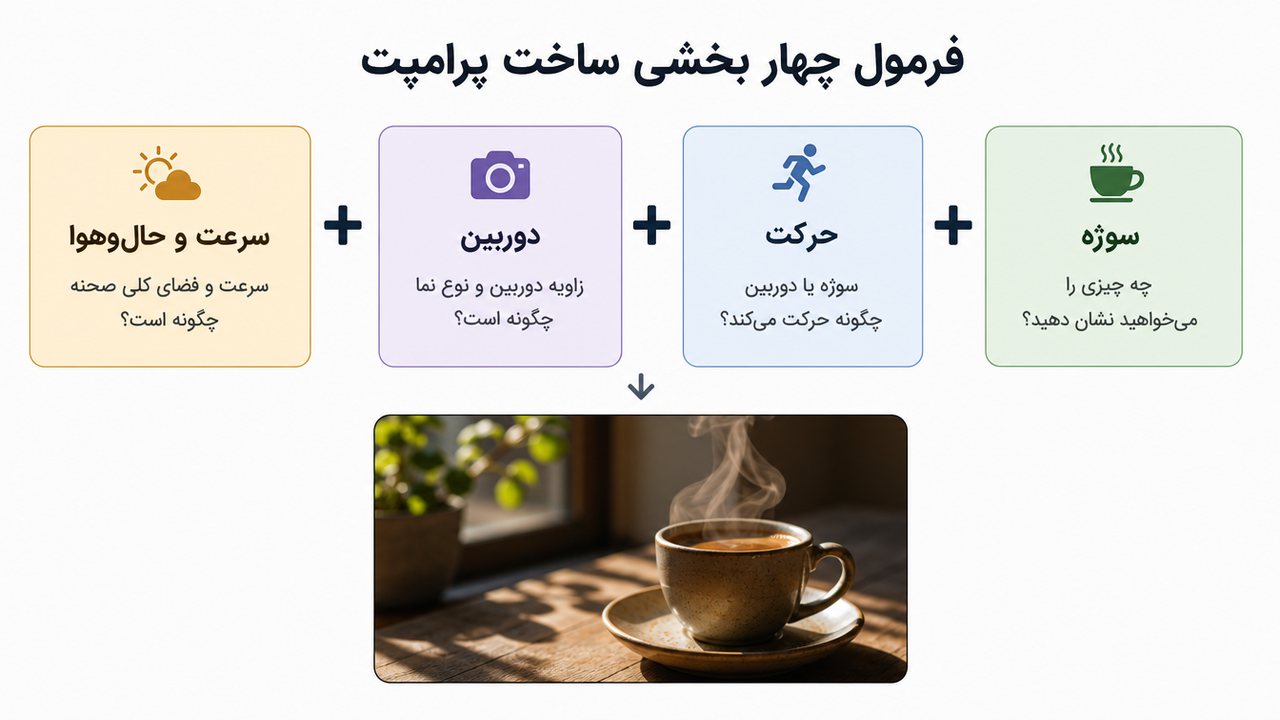 فرمول پرامپت حرکت برای ساخت ویدیو از عکس با Kling: سوژه، حرکت، دوربین، سرعت
